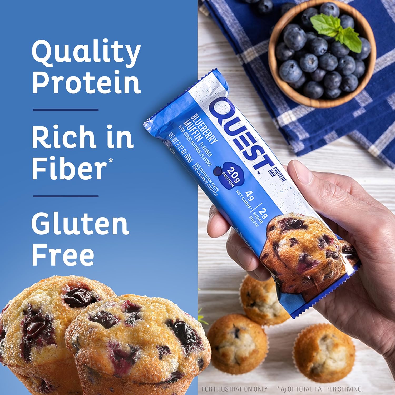 Quest Nutrition Blueberry Muffin Protein Bars, 20g Protein, 2g Sugar, 5g Net Carb, Gluten Free, Keto Friendly, 12 Count