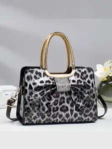 Fashionable Women's Leopard Print Handbag, Stylish Rhinestone-Embellished Patent Leather Tote Bag, Trendy Versatile Handbag for Every Occasion, Hand Shoulder Bag