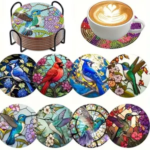8-Piece Diamond Painting Set with Bracket, Bird-Themed Coaster Set, Dazzling Wooden Mosaic Art Handmade Craft Kit