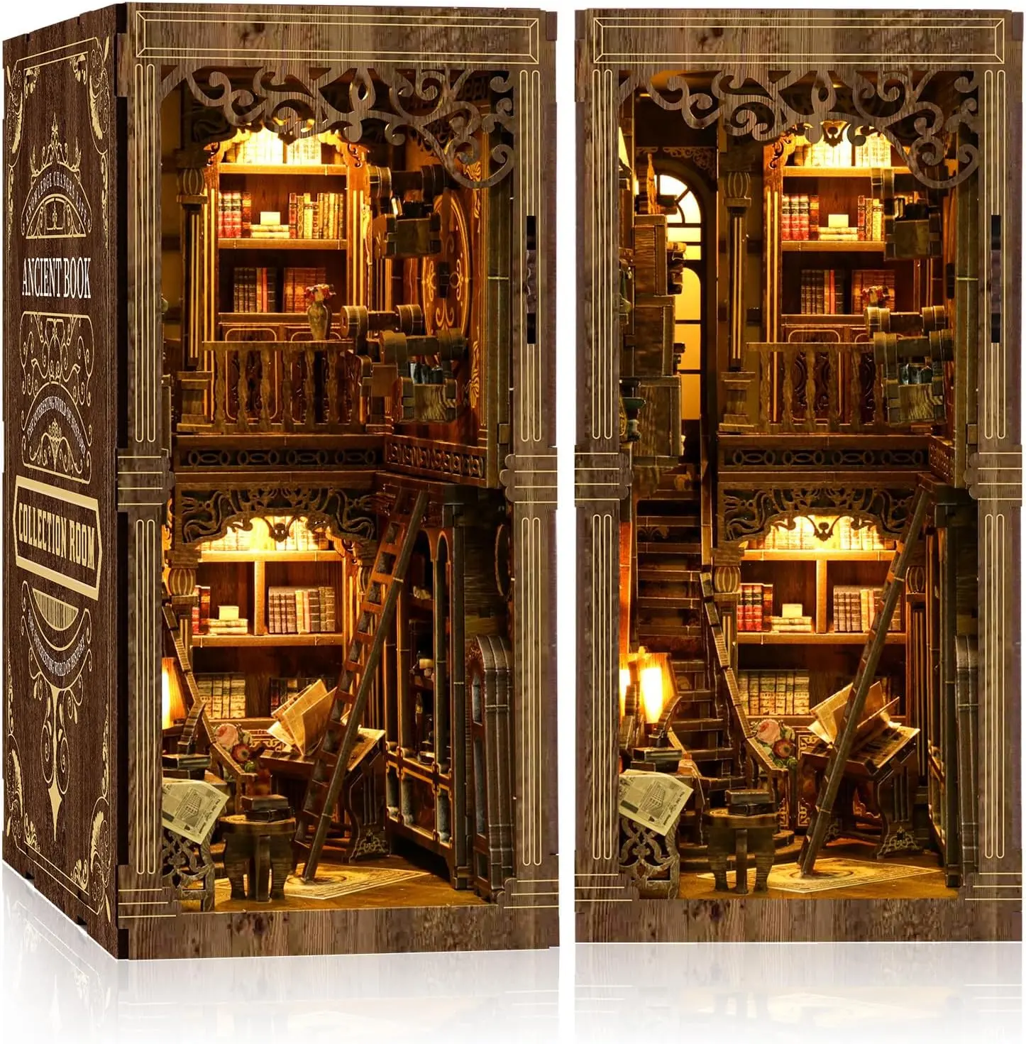 Book Nook Kit - (Classic Edition) - Nook Tales DIY Miniature Wooden Puzzle | Vintage Book Collection Room with LED Lights | 3D Dollhouse Bookend for Bookshelf Decoration | Creative Gifts