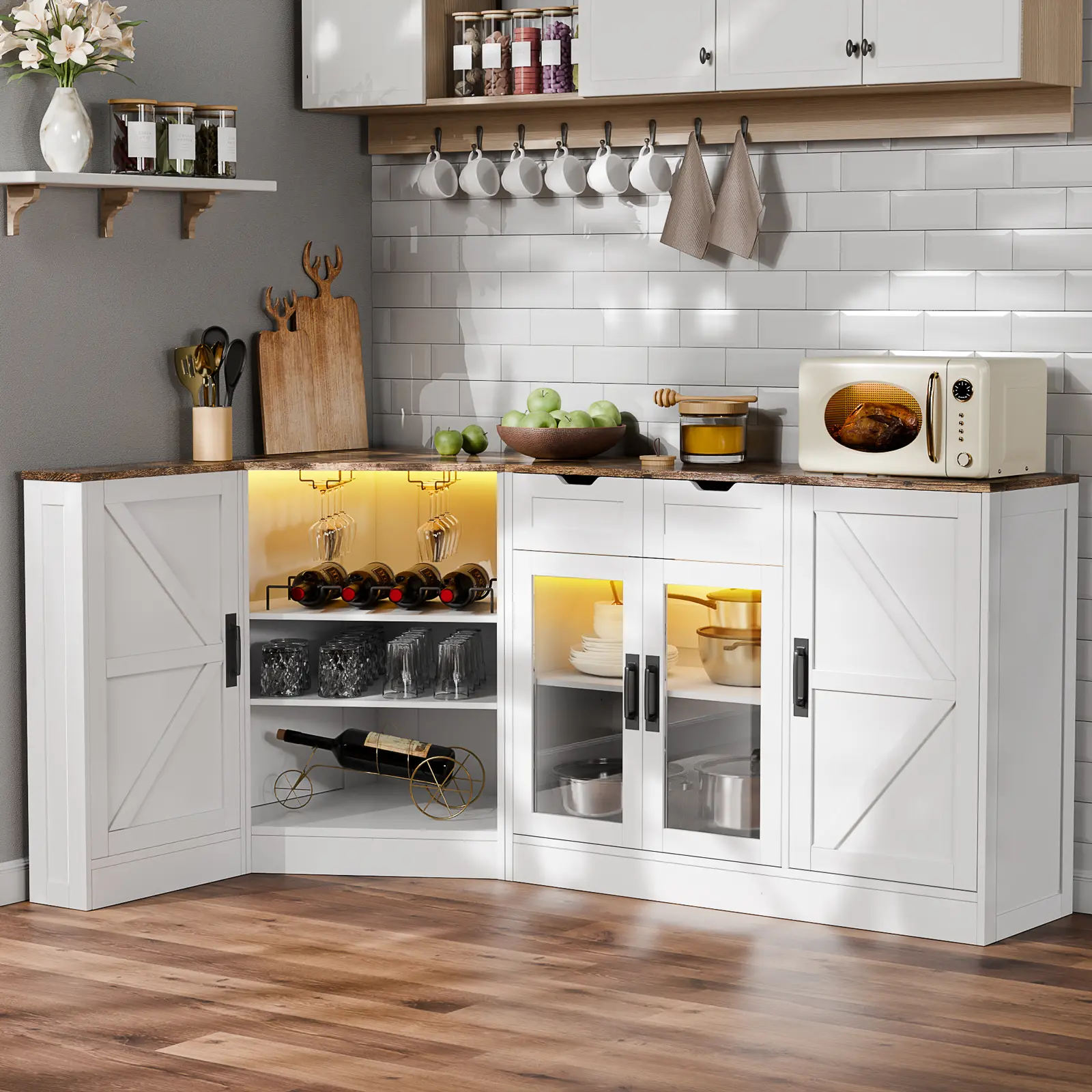 Gyfimoie Corner  Wine Cabinet with Led Light, 65'' Long Sideboard Kitchen Buffet Cabinet with Storage Drawers & Doors, Farmhouse Coffee Bar with Wine Rack & Glass Holder