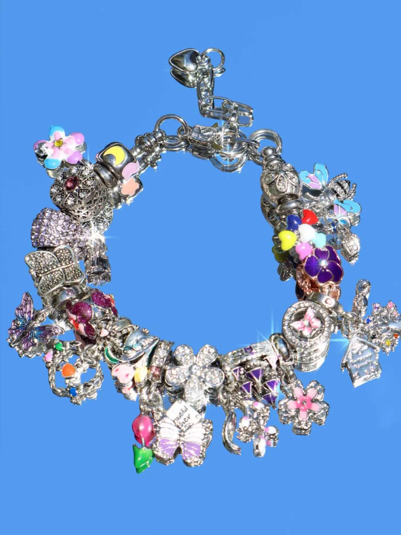 Vintage Flower Charm Bracelet, Cherry Blossom Bracelet, Tulip Flower Bracelet, Vintage Butterfly Bracelet, Vacation Style Bracelet