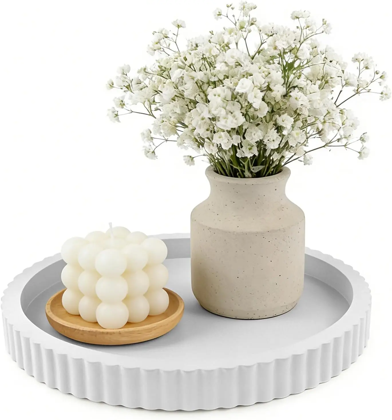 Modern Decorative Tray for Coffee Table, 11" Wooden White Round Small Decor Tray for Candle, Perfume, Vanity, Kitchen Island Counter & Table Centerpiece