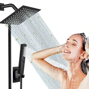 6/8"High Pressure Square RainShower Head and 2-in-1 HandShower.Equipped with 78"Hose, 3Way Diverter Valve,Adhesive ShowerHead Holder