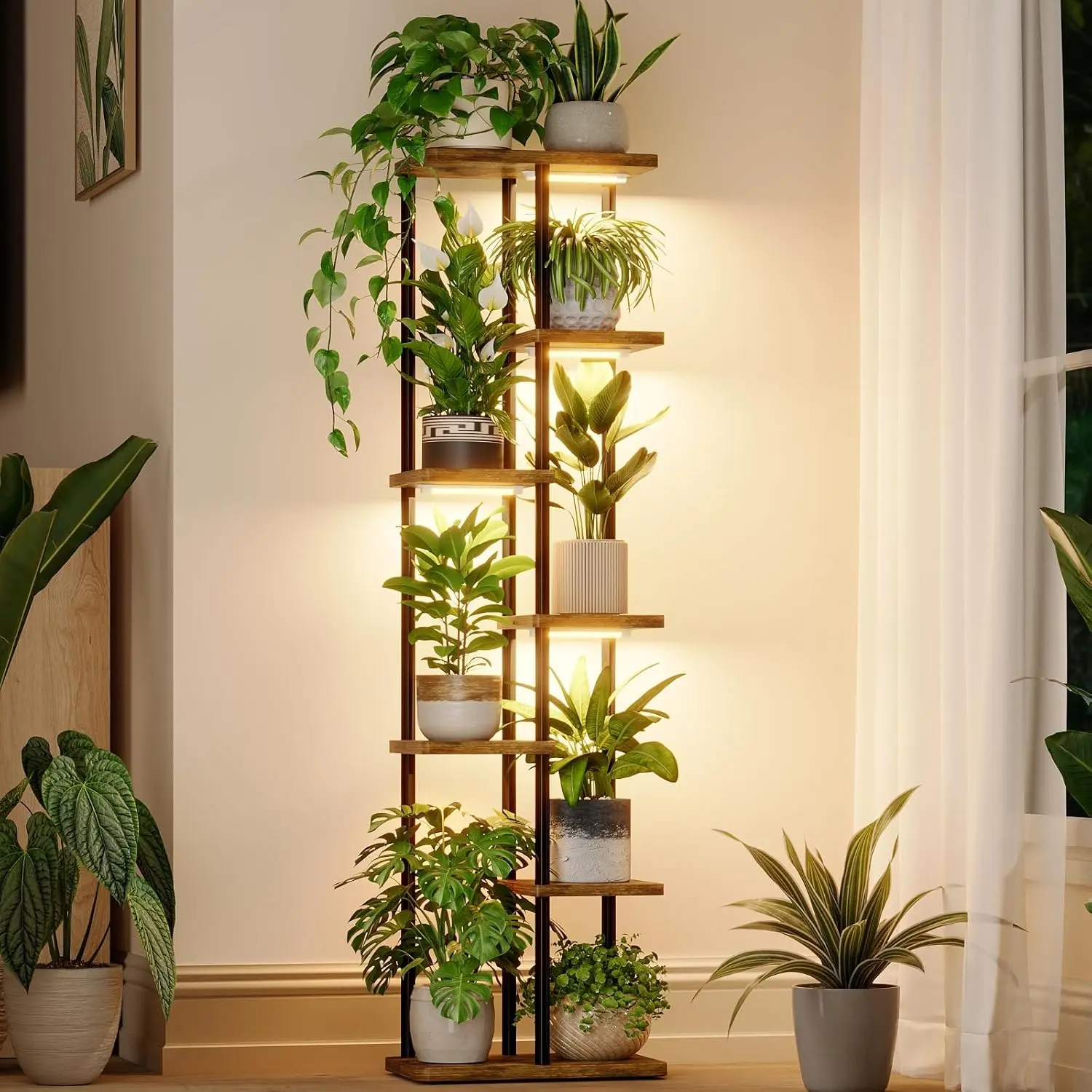 Bamworld Plant Stand with Grow Light for Indoor Plants Corner 7 Tier | Metal Plant Shelf Wood Flower Stand for Home Living Room Decor Patio Decor