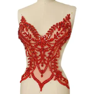 Rhinestones Beaded Bodice Applique Glass Patch Easy to use for Wedding Evening Dance Dress Decoration (Red)