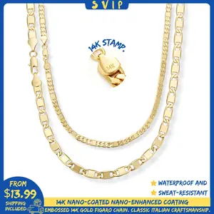 New 14K Gold-Plated Figaro Chain & Italian-Style Cuban Link Necklace for Men – Widths: 3mm/5mm/6mm/8mm, Lengths: 20"/24", Tarnish-Free Nano Coating, Hip-Hop & Everyday Layering Jewelry neck