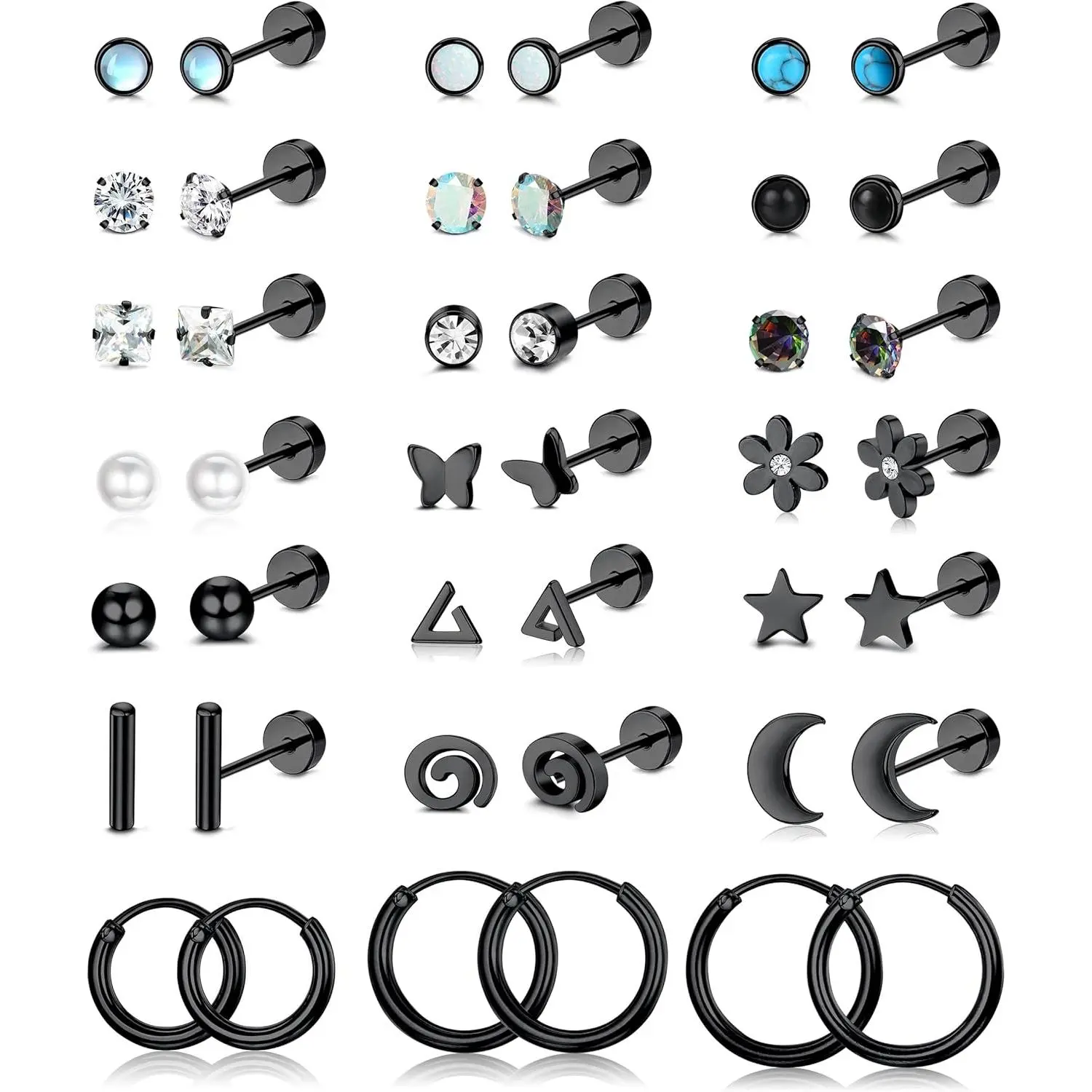 Women's 21-Pair Geometric-Floral Multi-Studs Surgical Steel Flat Back Earrings Set, 20G Screw Back Cartilage Stacks with Pearl & Cubic Zirconia for Everyday Wear