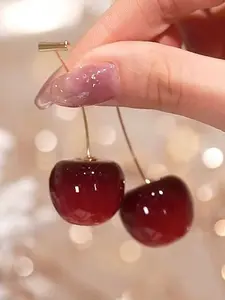 Sweet Fresh Cherry Fruit Dangle Earrings for Women, Cute Resin Material Leaf Design, Charming Cherry Design, Perfect for Daily Wear & Parties, Christmas Jewelry Gift