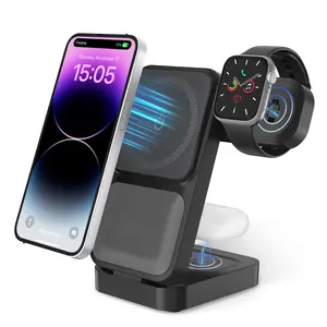3 in 1 Foldable Wireless Charging Station for Mag-Safe, Travel Magnetic Charger Stand for iPhone 16 15 14 13 12 Pro Max, Nightstand Charging Dock for iWatch 2-10 Ultra/ AirPods 2-4 Pro, Electronic Gadgets