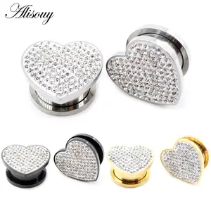 Alisouy 2pcs 8-16mm Stainless Steel Love Heart Zircon Crystal Ear Tunnel Plugs Expanders Stretchers Gauges Piercing Body Jewelry