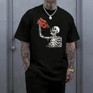 Men’s drinking skeleton graphic T-shirt featuring an edgy skull and red bottle print, made from a soft cotton blend—perfect for party lovers, streetwear enthusiasts, and bold everyday casual outfits.
