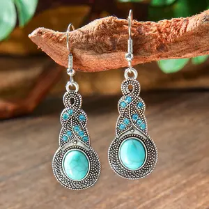 Western Silver Turquoise Feather Dream Catcher Bohemian Earrings - Western Style Boho Chic Jewelry
