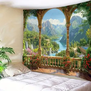 1 piece, landscape tapestry green landscape flowers plants river mountain decoration bedroom living room no installation required set