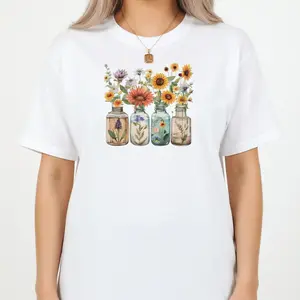 Floral Vintage Bottle Shirt - Sunflower Cottagecore Botanical Graphic Tee - Women's Oversized Floral Unisex T-Shirt