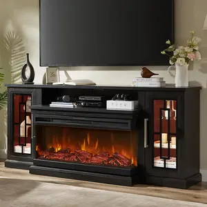 75 Inch Electric Fireplace TV Stand, 3- Side Glass LED Modern Media Entertainment Center Console Table for TVs up to 80/85 Inch w/Adjustable Flame, 40’’ Fireplace, Highboy, Black