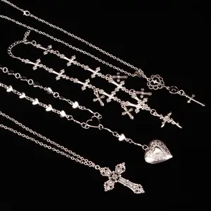 Gothic cross necklace set 4 piece vintage cross black stone cross multi cross choker heart locket silver tone layered necklaces