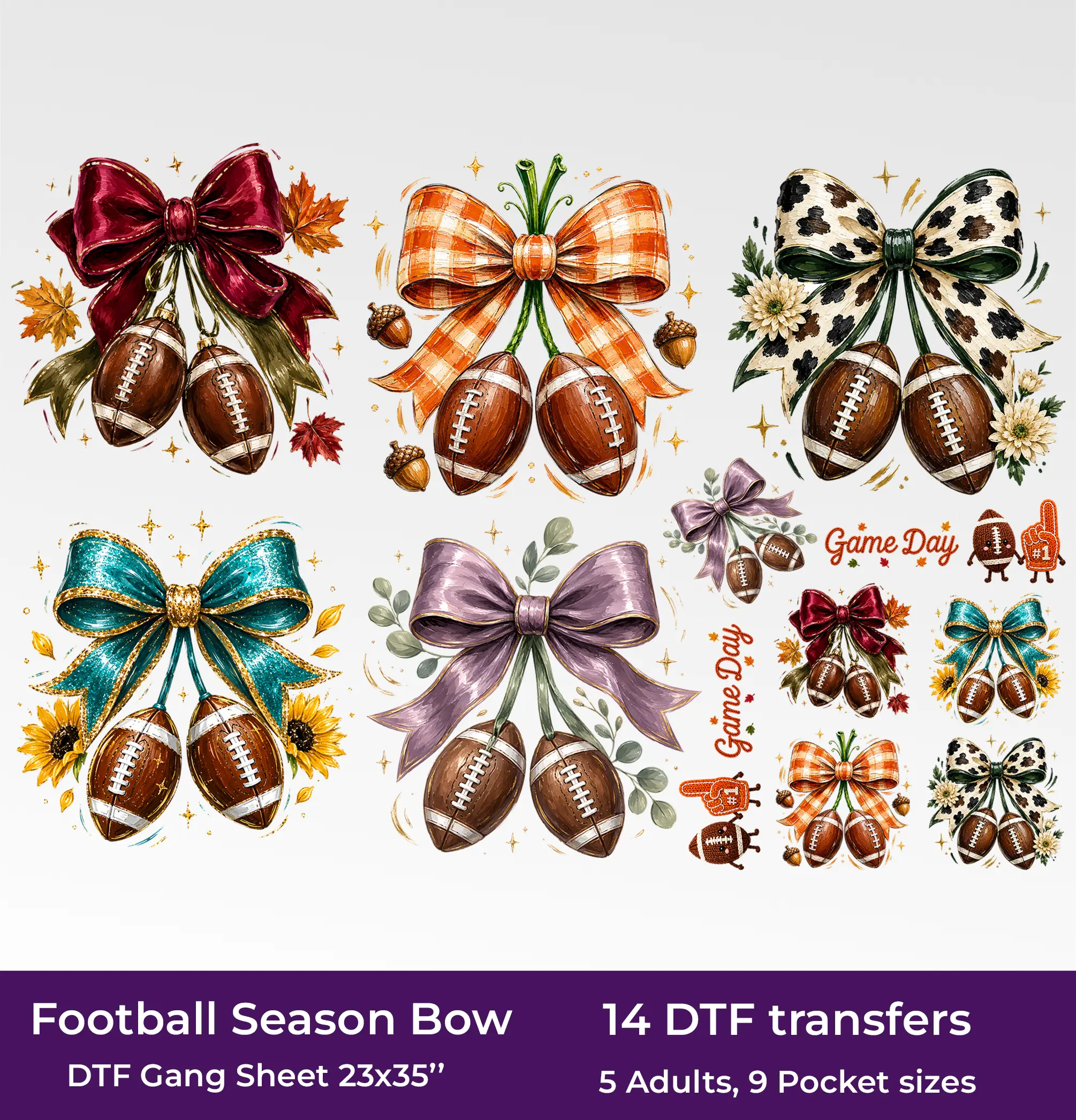 Football Season Bow DTF Gang Sheet, 23x35 in. Game Day Ready to Press Heat transfers
