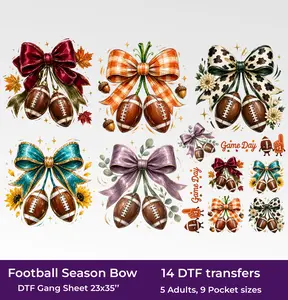 Football Season Bow DTF Gang Sheet, 23x35 in. Game Day Ready to Press Heat transfers