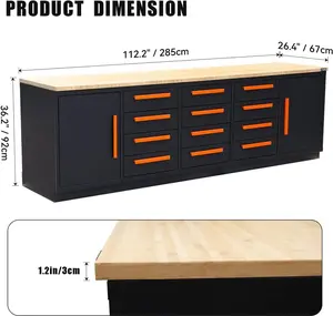 Heavy Duty Garage Cabinet Workbench Table w/Solid Wood Top, Workstation Garage Workbench