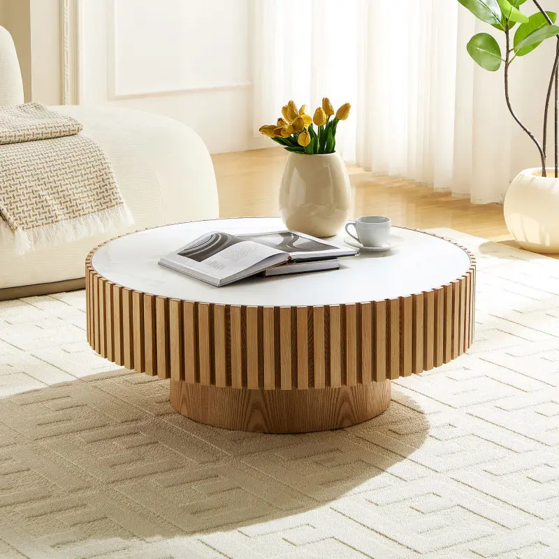 35.43*35.43*13.77-in Oak Pedestal Nesting Round Sintered Stone Tabletop Modern Drum Coffee Table, 38.10 lbs Ash Finish Luxury Indoor Table for Primary Living Space Apartment, 35.43*35.43*13.77*Inch, Coffee Tables
