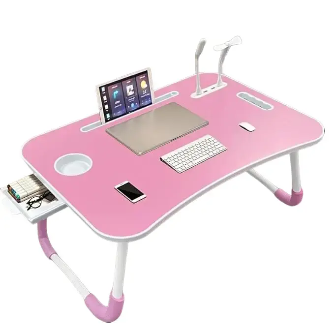 Ergonomic Laptop Stand - Foldable Workstation, Portable Lap Desk with Stable Tabletop, 4 USB Ports, Cooling Fan, LED Light, Cup Holder, Storage Drawer, Tablet Slot for Home Office, Bed Use