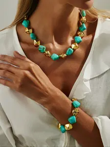 Bohemian Style Geometric Ccb Resin Beaded Necklace Bracelet Set, Bohemian Elements, Fashion Jewelry Sets for Women, Party & Daily Wear Gift Ideas