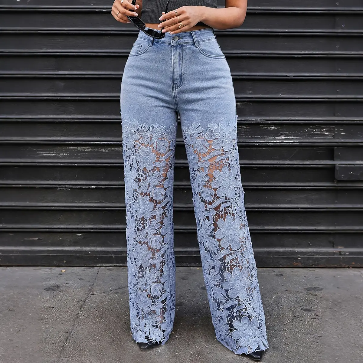 CHICME Guipure Lace Spliced High Waist Zipper Fly Wide Leg Washed Jeans Pants Bottom, Lady CHICME Guipure Lace Spliced High Waist Zipper Fly Wide Leg Washed Jeans Pants Bottom, Lady