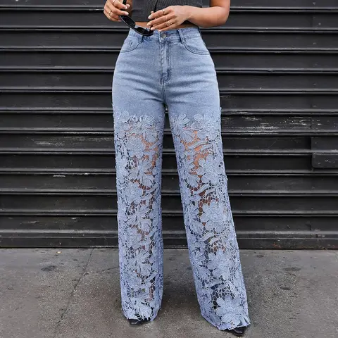 CHICME Guipure Lace Spliced High Waist Zipper Fly Wide Leg Washed Jeans Pants Bottom, Lady