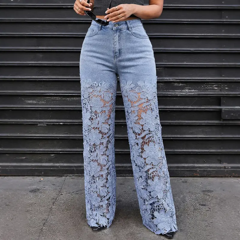 CHICME Guipure Lace Spliced High Waist Zipper Fly Wide Leg Washed Jeans Pants Bottom, Lady