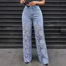 CHICME Guipure Lace Spliced High Waist Zipper Fly Wide Leg Washed Jeans Pants Bottom, Lady