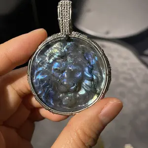 Copper Wire-Wrapped Labradorite Lion Pendant & Bracelet, Nickel-Free White Copper, Handmade Wire-Wrapped Jewelry