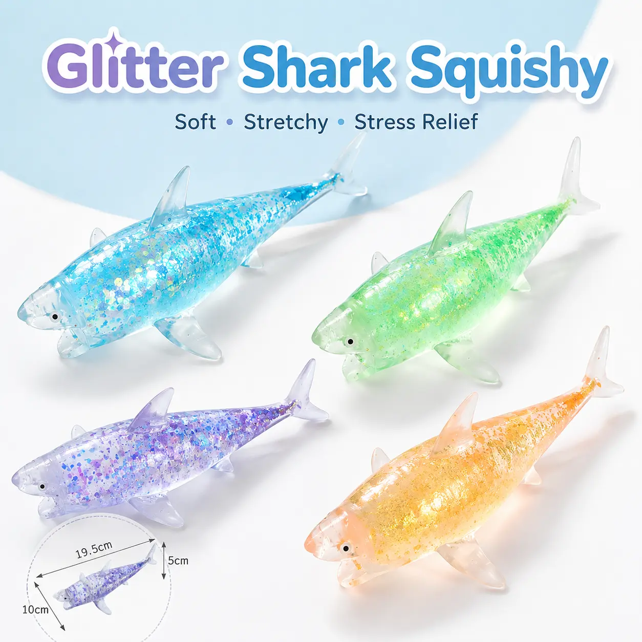 Squishy Shark Stress Sugar Balls for Kids and Adults, Kawaii Animals Squeeze Squishy Toys, Glitter Shark Sugar Ball Stress Toys for Party Favors, Easter Basket Stuffers