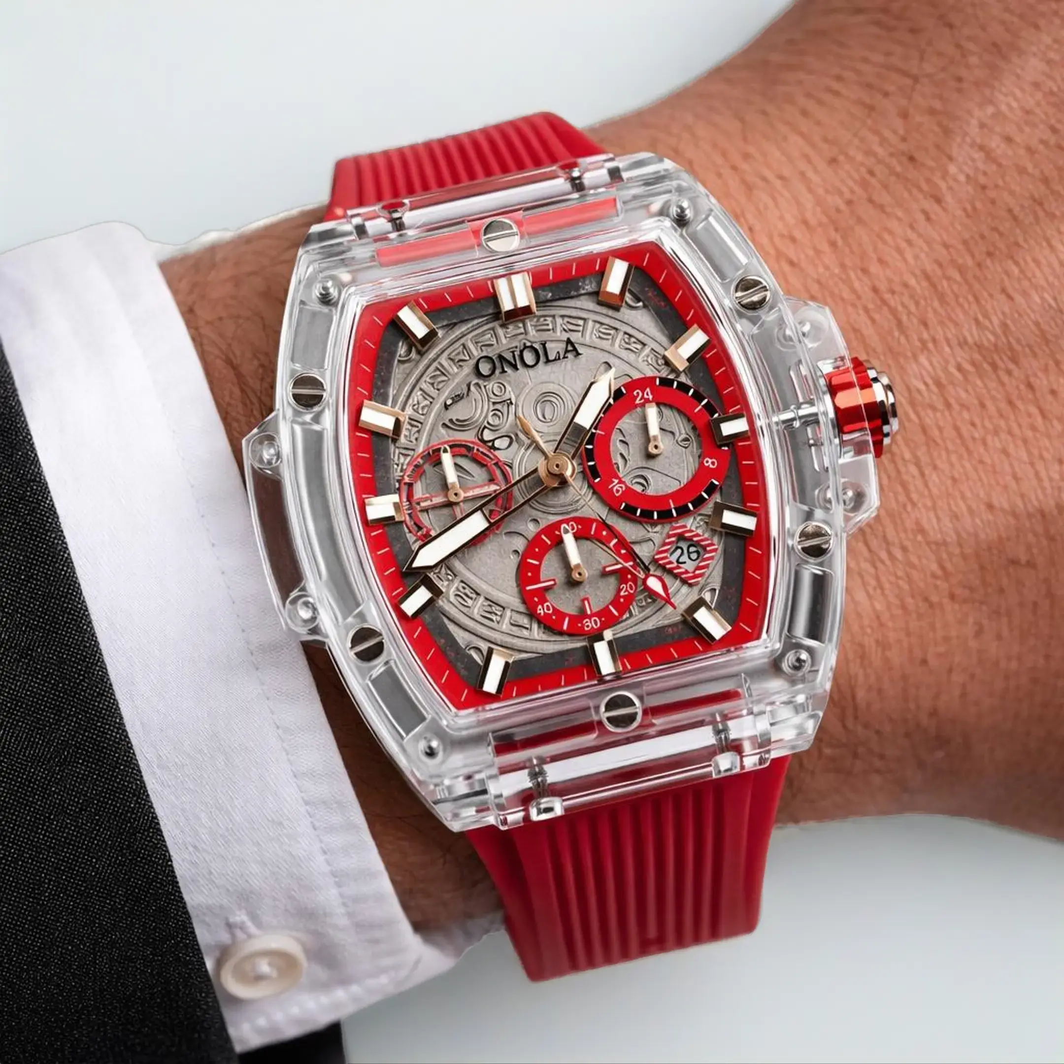 ONOLA 6811 Quartz Sport Watch with Red Strap and Transparent Case