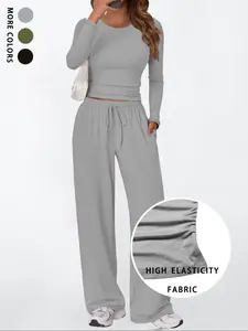 Women's Two-Piece Sportswear Set, Stretch Fabric Activewear, Long Sleeve Slim Fit Top + High Waist Wide Leg Pants, Casual Daily Wear, Commute, Home
