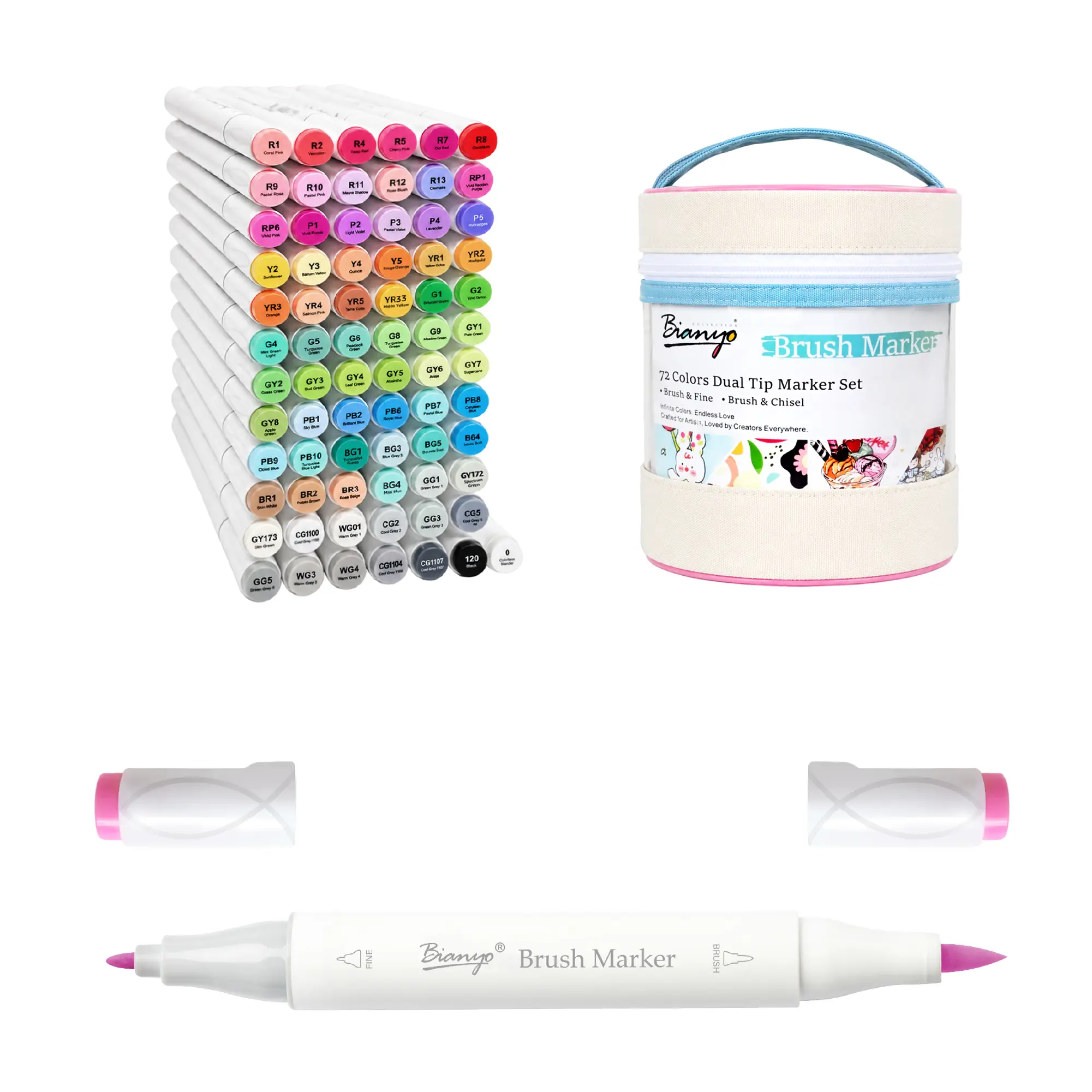 Bianyo 72-Color Dual-Tip Alcohol Markers Set - Brush & Fine Tips, Portable Cylinder Bag, for Adult Coloring, DIY Crafts, Illustration, Blending & Creative Art