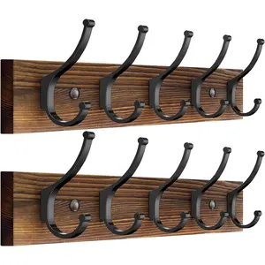 Optish 2 Pack Wooden Coat Rack Wall Mount, 16.1" Rustic Coat Hanger Hooks with 10 Double Hooks, Wall Coat Rack for Hat, Clothes, Bags, Jacket, Brown