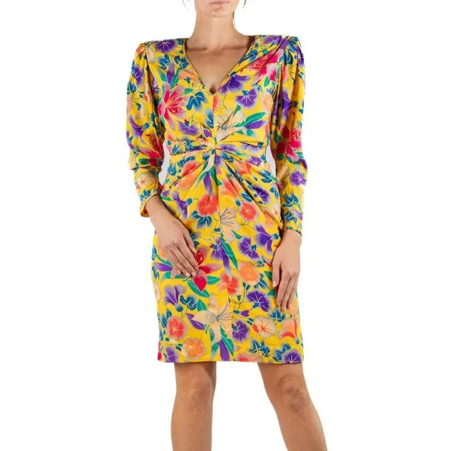 1990S EMANUEL UNGARO Yellow Floral Silk Crepe De Chine Sleeved Cocktail Dress