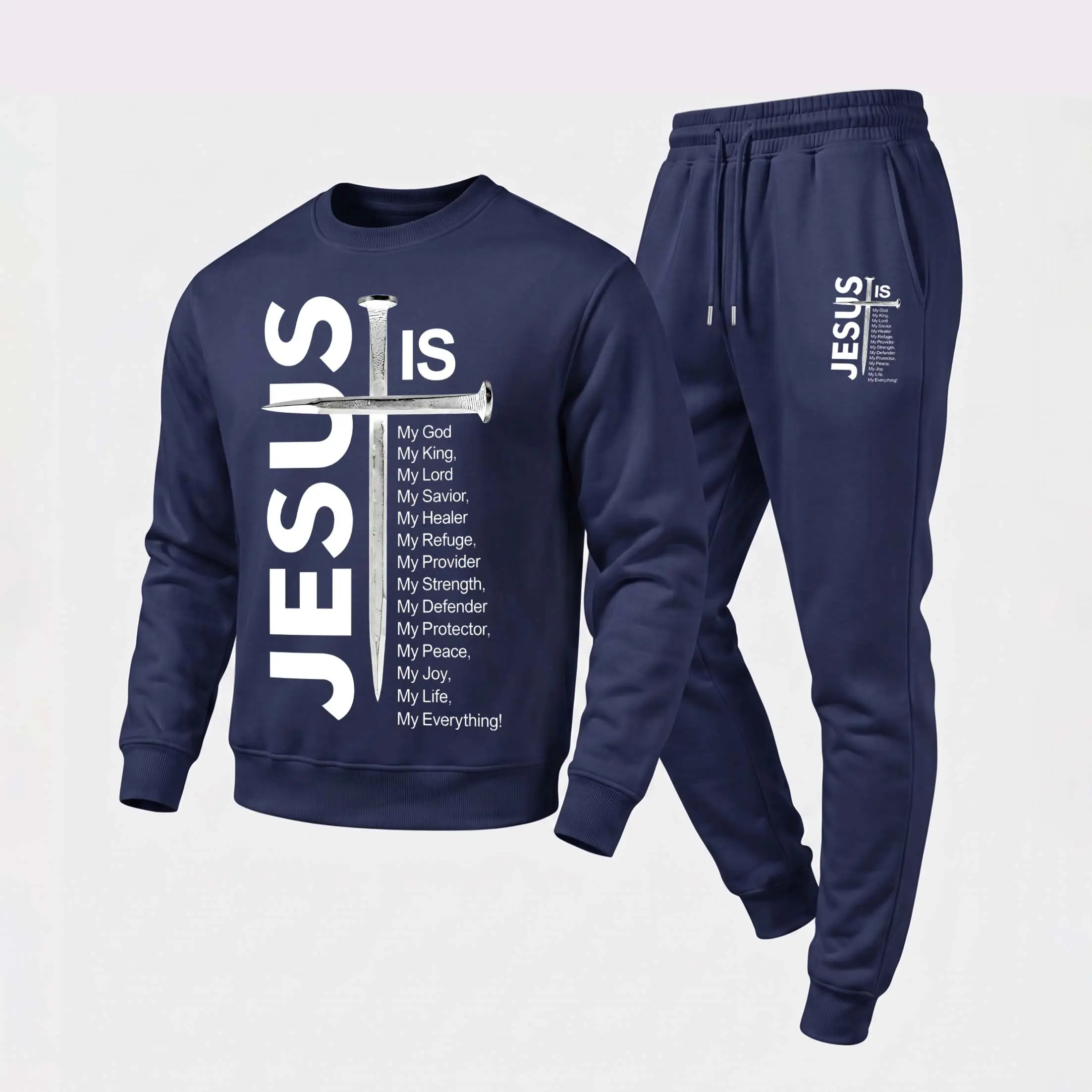 Men's Jesus Is My Everything Graphic Crewneck Sweatshirt and Jogger Pants Set, Casual Long Sleeve Pullover with Drawstring Sweatpants, Fall Winter Tracksuit for Daily Wear, Travel, Lounge, Workout and Indoor Outdoor Activities