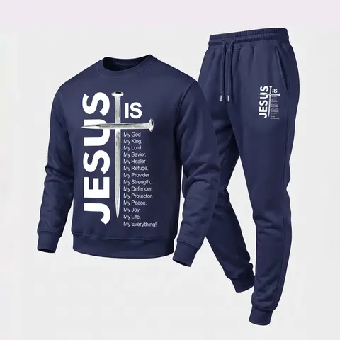 Men's Jesus Is My Everything Graphic Crewneck Sweatshirt and Jogger Pants Set, Casual Long Sleeve Pullover with Drawstring Sweatpants, Fall Winter Tracksuit for Daily Wear, Travel, Lounge, Workout and Indoor Outdoor Activities