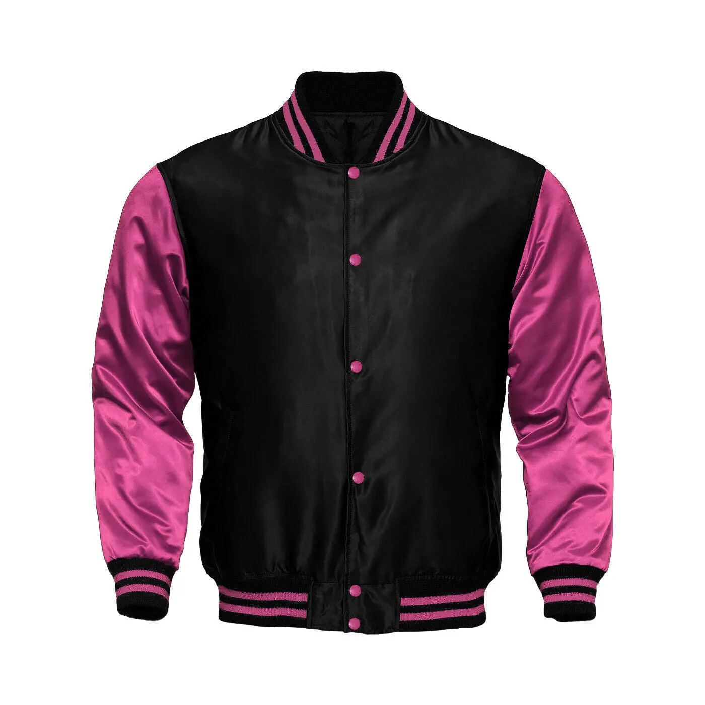 Men's Handmade Polyester Satin Baseball Jacket-Coat - Menswear, Black/Pink Varsity Look, Long Sleeves, Button Closure, Multiple Pockets, Chic Casual Top, Includes Sizing Info