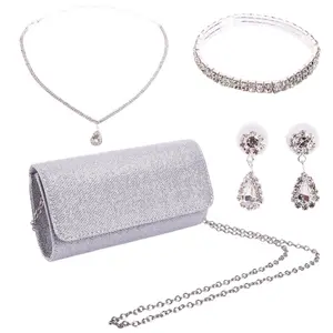 4Pcs Silver Clutch Purse Jewelry Set for Women Evening Rhinestone Purse Crystal Necklace Earrings Bracelets Set Silver Accessories for Women Bride Wedding Jewelry Lightweight