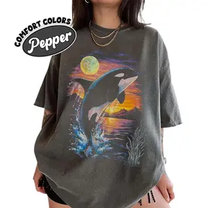Orca Midnight Vintage Style Comfort Color Shirt, Retro Ocean Shirt, Orca Shirt, Moonlight Ocean Lightning Tee, 90s Marine Life Graphic Top