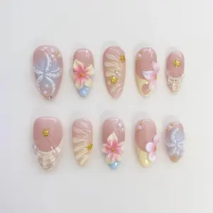 Starfish Bloom Elegance Press On Nails Short Almond Nails/Flower Nails/Yellow Nails/Spring Summer Nails/Shell Nails/Birthday Nails