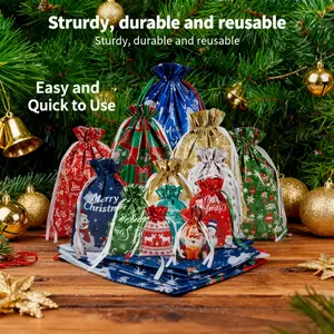 52PCS Christmas Gift Bags Set with Tags 13 Unique Designs Reusable Drawstring Goody Bags for Presents in 4 Sizes Eco-friendly & Budget-friendly Easy and Quick to Use Strurdy Durable and Reusable
