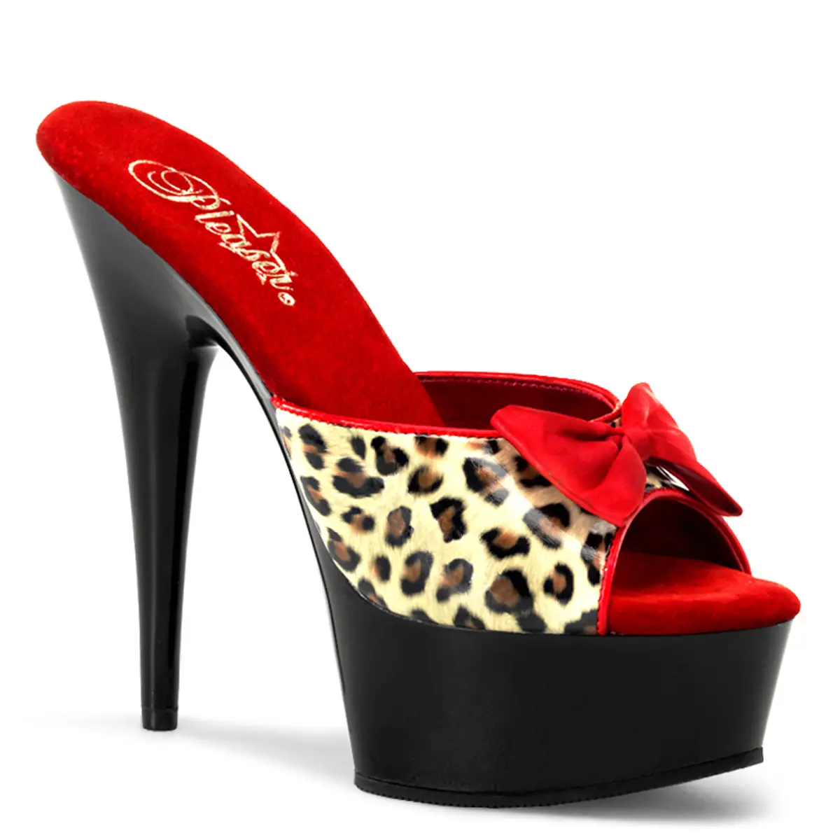 Leopard Print Platform Heels for Women, 6" Stiletto Peep Toe Slip-On Pumps with a Red Bow Accent, Elegant, Classy