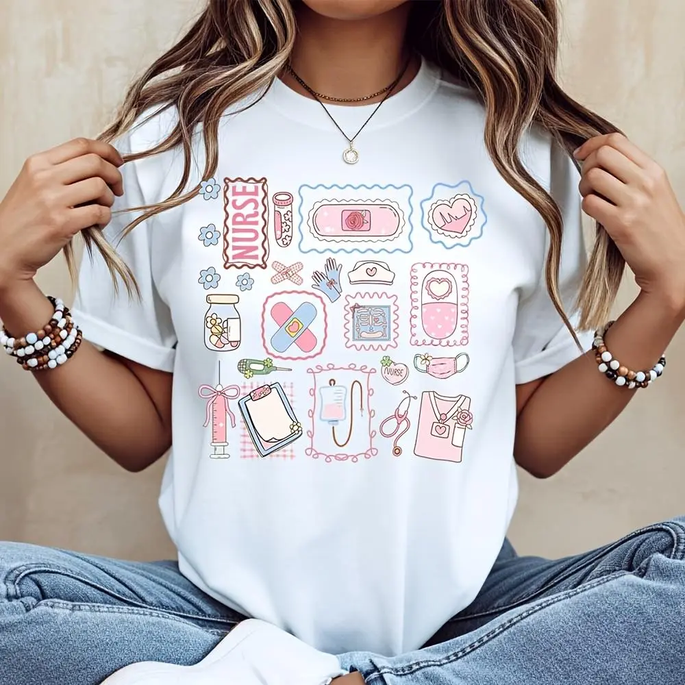 Nurse Medical Icons Print T-Shirt, Cute Healthcare Worker Design, Nursing Student Gift, Hospital Work Wear