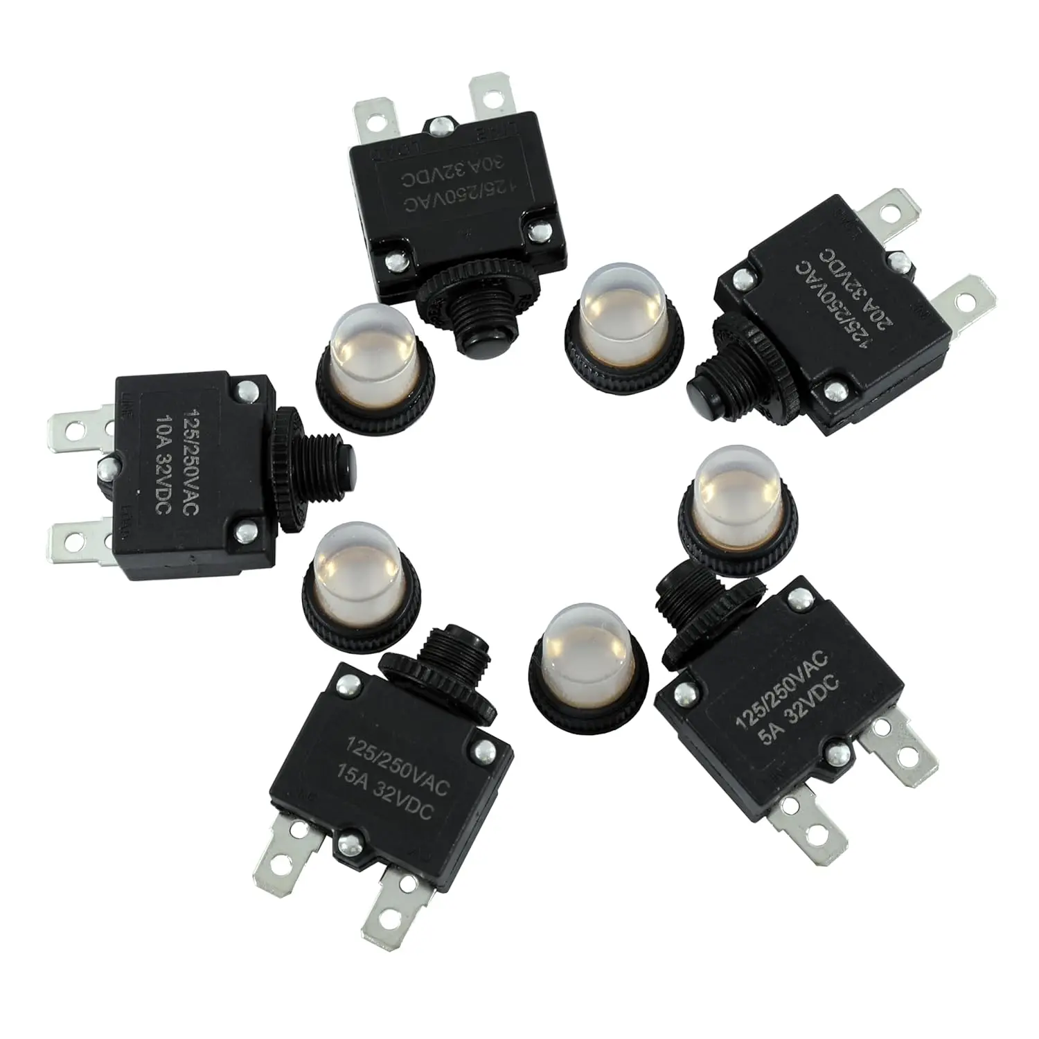 Home Improvement Electrical Circuit Breakers (5-Piece 5A-30A Amps Mix), 5A/10A/15A/20A/30A, 32VDC/125-250VAC, Waterproof Cap, Quick Connect Terminals for Audio Systems, Automotive Use