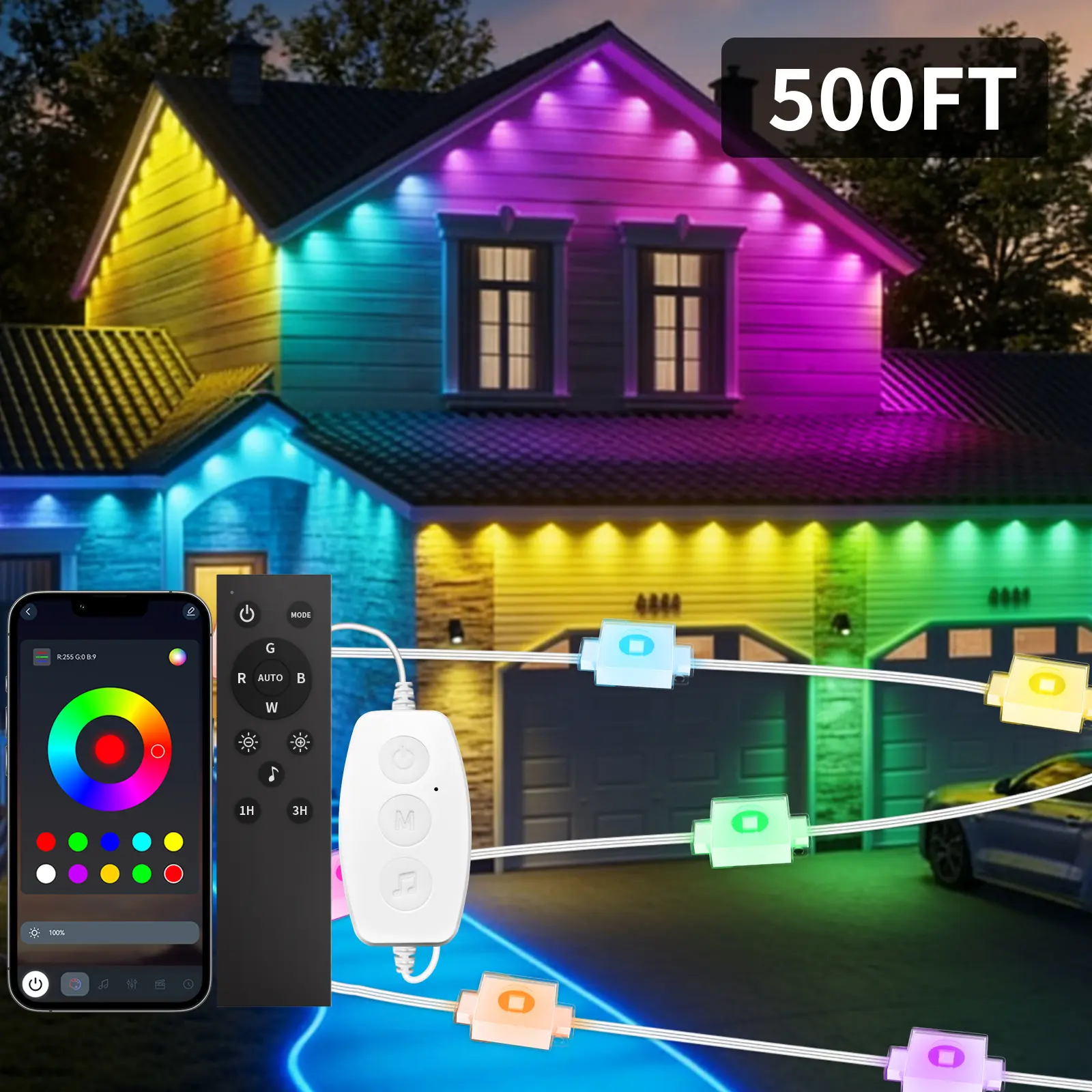16.4FT-500FT RGB-IC Permanent Outdoor Lights, IP67 Waterproof Eaves Lighting with Music Sync and APP remote control  for Holiday Decorations Party Summervibes