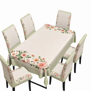 5/7-piece Pink and Orange Floral Dining Table and Chair Set: Springtime Warm Country Style Tablecloth + Chair Covers, Fresh Floral Decorations